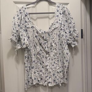 Anthropologie White and Blue Floral Blouse